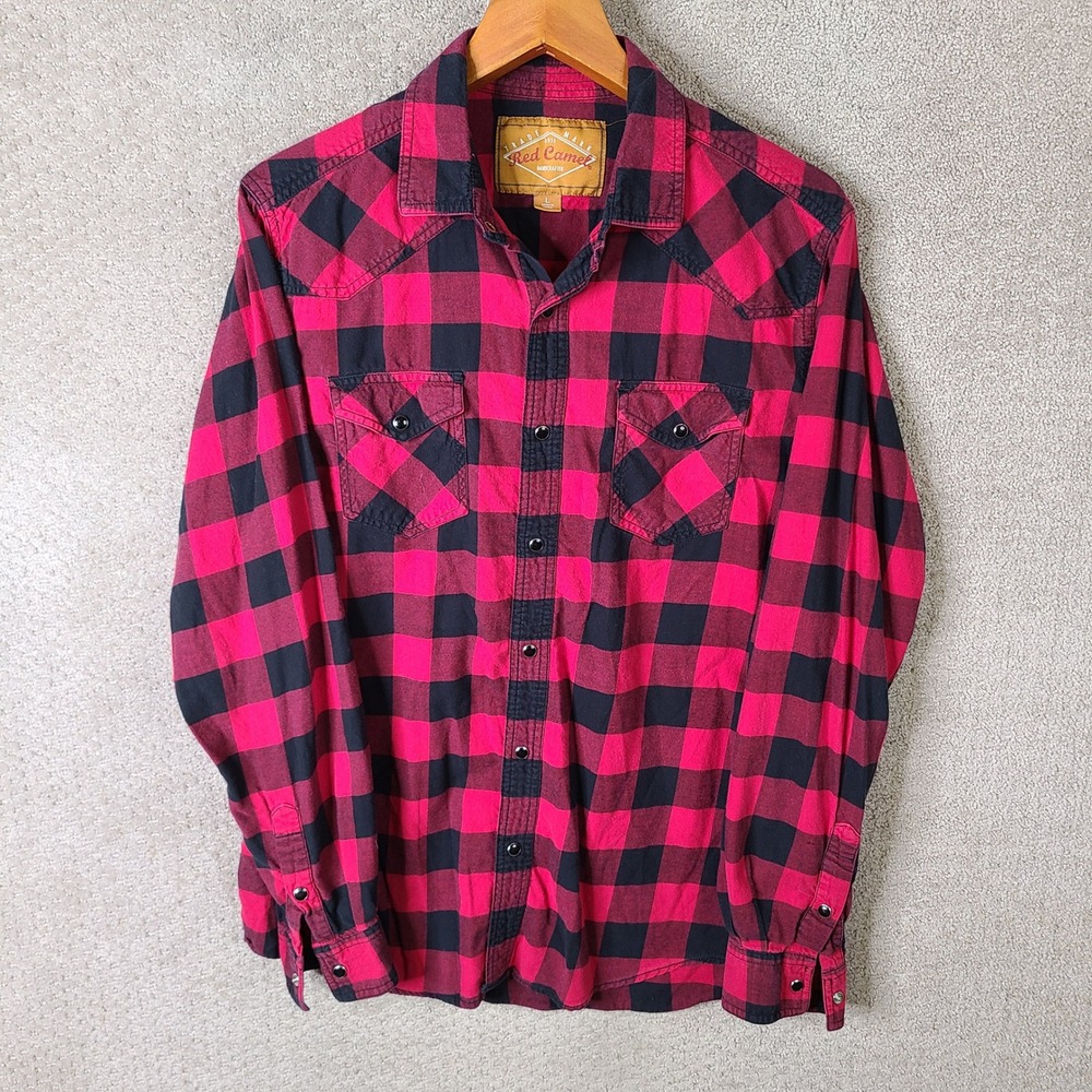 Red Camel Shirt Mens L Red Buffalo Plaid Western Snap Cotton Long Sleeve Casual